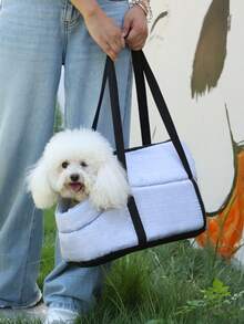 1pc Fashionable Solid Color Pet Carrier Bag, Shoulder Strap Portable Pet Tote - For Daily Outings And Travel - Light Grey - View 1