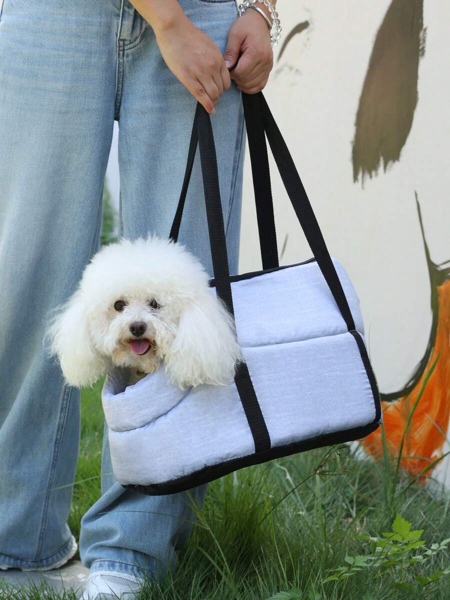 1pc Fashionable Solid Color Pet Carrier Bag, Shoulder Strap Portable Pet Tote - For Daily Outings And Travel - Light Grey - View 1