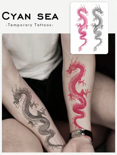 1张黑红线条龙纹身贴纸，临时纹身贴纸，可水洗，PVC材质，一次性，防水防汗，适用于手臂和背部，不反光，逼真纹身效果，适合日常使用，可持续3-5天