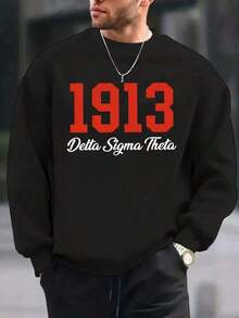 Men's Delta Sigma Theta 1913 Vintage Greek Lettering Sweatshirt - Black With Red & White Fraternity Design, Comfortable Round Neck Long Sleeve Pullover, Machine Washable Casual Apparel For Sorority Events & Casual Attire,Fall Hoodies,Men's Fall Clothes,Street Wear,Halloween,Mens Hoodies,Y2k Clothes,Jesus Hoodie,Thanksgiving Day,Nightmare Before Christmas,Christmas - 黑色 - 查看 1