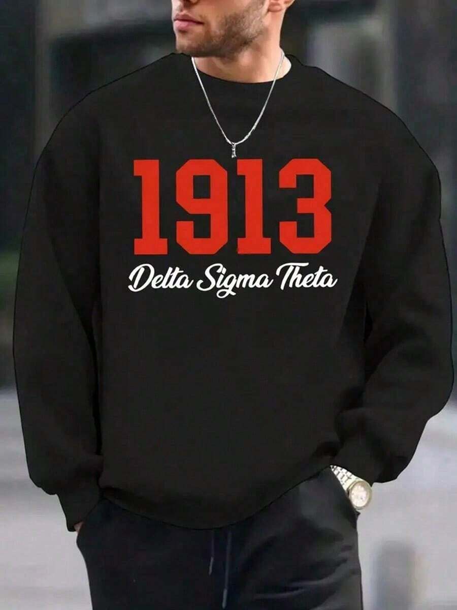Men's Delta Sigma Theta 1913 Vintage Greek Lettering Sweatshirt - Black With Red & White Fraternity Design, Comfortable Round Neck Long Sleeve Pullover, Machine Washable Casual Apparel For Sorority Events & Casual Attire,Fall Hoodies,Men's Fall Clothes,Street Wear,Halloween,Mens Hoodies,Y2k Clothes,Jesus Hoodie,Thanksgiving Day,Nightmare Before Christmas,Christmas - 黑色 - 查看 1