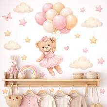 Pegatina de pared con globo de oso estilo bohemio, decoración de habitación de bebé con oso y cielo estrellado, autoadhesiva para decoración del hogar, habitación de niños y dormitorio, estilo europeo y americano - Multicolor 2 - Ver 12