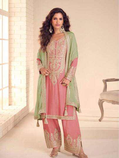 Royal Charm Chinon Embroidered Palazzo Suit Set With Elegant Dupatta