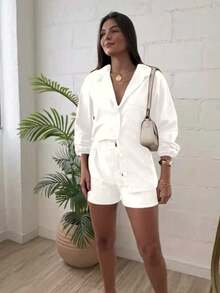 Combination Set Consisting Of A Long-Sleeved Top And Shorts. - White - View 1
