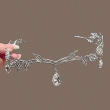 Crystal Leaf Crown Headband, Fully Rhinestoned Fairy Costume Jewelry, Vintage Elf Princess Bridal Wedding Accessory - Gold - View 2