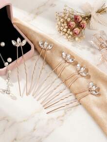 5pcs Women's Handmade White Glass Rhinestone Leaf Hair Fork Headpiece Bride Wedding Party,Summer,Beach - Gold - View 6