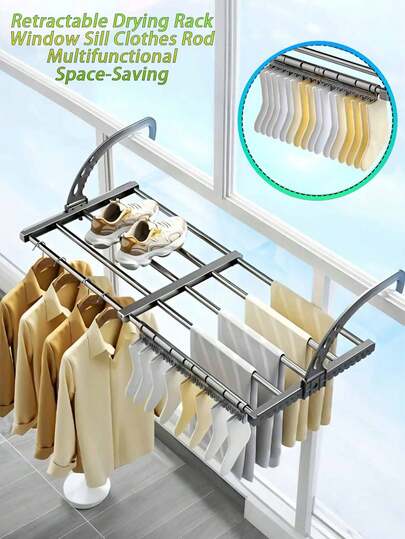 1 قطعة رف تجفيف ملابس قابل للتعديل للشرفة والخارج - رف تجفيف ملابس ثنائي الجانب على الحاجز، بدون حاجة للثقب، قابل للتعديل من 38 سم إلى 120 سم، مقاوم للماء والرطوبة، قدرة تحمل قوية، مساعد تخزين وتنظيم متعدد الوظائف - تجفيف الشرفة/حافة النافذة، تجفيف الحاجز الخارجي، تخزين الحمام، رف تخزين متعدد الاستخدامات للملابس والأحذية والمناشف والوسائد والملابس الرطبة والفراش والنباتات والمستحضرات الصحية والوسائد، هدية مثالية لأحبائك