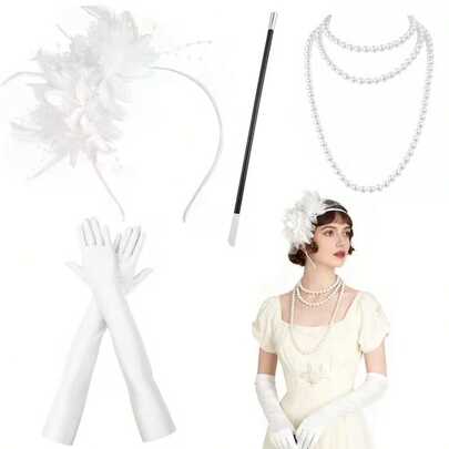 4件套女士配饰套装，包括项链、手套、发带和手持道具，适合1920年代主题派对、复古嘉年华、万圣节或圣诞节庆祝活动。