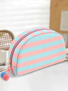 1SET Dopamine-Infused Stylish Seashell Cosmetic Bag, Simple Striped Storage Bag, Portable Travel Toiletry Bag, Multi-Functional Storage Bag.Pom-Pom Decorative Pendant Toiletries Bag Wash Bag Large Capacity Shower Bag For Women Mothers Day Gift Teacher Gift Cruise Essentials Travel Essential - Multicolor - View 9