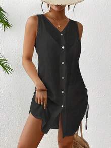 Women Solid Color Sleeveless Kimono Cardigan, Beach Cover Up For Summer Vacation Black - Black - View 1