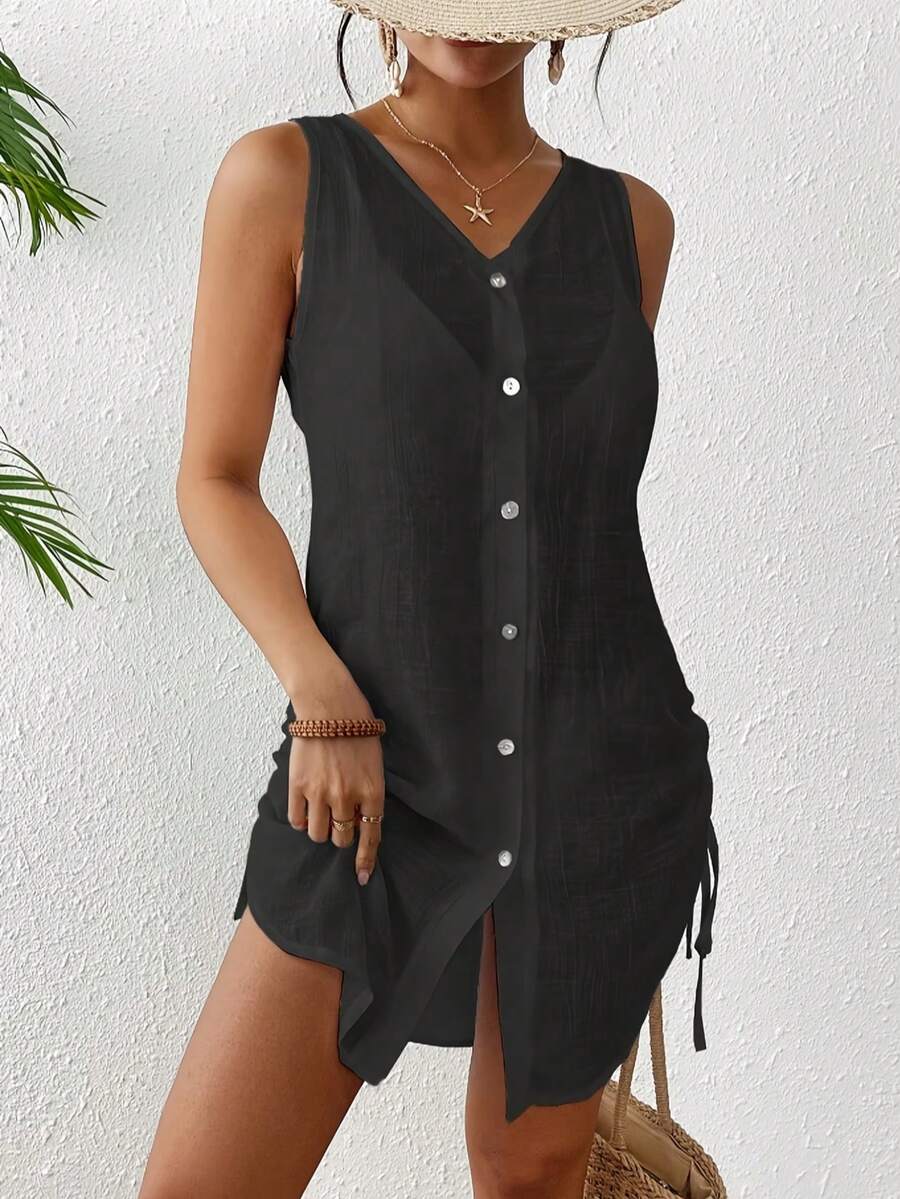 Women Solid Color Sleeveless Kimono Cardigan, Beach Cover Up For Summer Vacation Black - Black - View 1