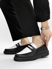 Men's Casual Thick Sole Slip-On Solid Black & White Color Leather Shoes, Wear-Resistant Student Flat Shoes, Business Formal Commuter Lightweight Casual Work Shoes - 8961 Black and White - View 5