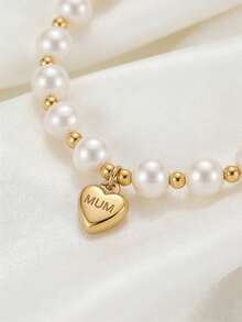 ZIRUISP 1pc Faux Pearl Beaded Bracelet For Women, Gold Stainless Steel MUM Heart Pendant Bracelet, Elastic Bracelet, Birthday Mother's Day Jewelry Fashion Accessories Gift For Mom - Heart-shaped Pearl Bracelet - View 4