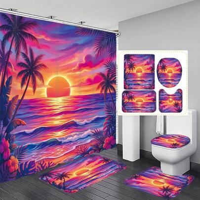 1pc/4pcs Sunset Seascape Pattern Bathroom Decor Shower Curtain Set, Free 12 Hooks Included, Elegant Holiday Atmosphere, Bathroom Mat, U-Shaped Toilet Mat And Round Toilet Mat, Suitable For All Scenarios Bathroom Set
