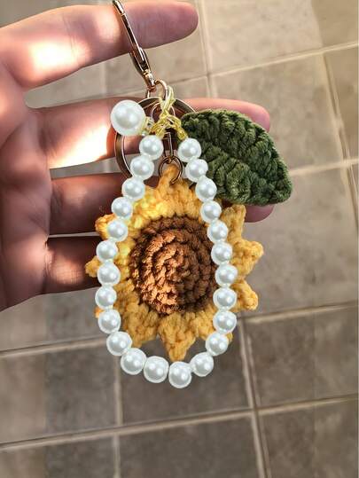 Llavero de ganchillo con girasol, cadena de perlas, llavero lindo, colgante de bolso, colgante de coche, accesorios de caja de auriculares, llavero creativo de alta puntuación, estudiantes que ganan de un solo golpe, deben aprobar los exámenes de ingreso a la escuela secundaria y preparatoria, colgante de regalo del Día del Maestro, regalo para mujeres, temporada de bodas, temporada de regreso a clases, temporada de graduación, regalo del Día de la Madre