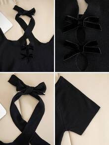 性感交叉露背吊带短袖上衣，女士独特镂空蝴蝶结露脐针织衫，韩版性感露肩，娇小身材显瘦的BM款短款上衣，纯镂空吊带T恤黑色夏季款 - 黑色 - 查看 11