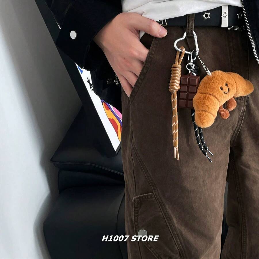 Bag Charm In The Shape Of A Croissant, Hamburger, And Plush Toy; Braided Chain For Men's Pants; Keychain With Chain For Women's Hip-Hop Style Cargo Pants. - Brown - View 1