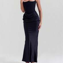 Wt-2026 New Multi-Color Corset Off-Shoulder Fishbone Pleated Long Bodycon Satin Dress. - Màu xanh lá cây đậm - Xem 3