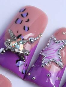 Handmade Long Duckbill Press On Nails, Purple Base, Star, Leopard Accents, Concert, Night Out Style Summer Easter - 紫丁香色 - 查看 4