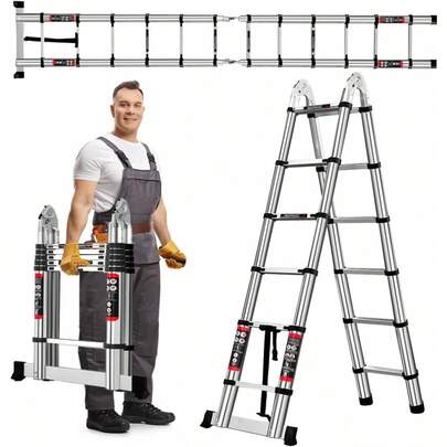 ZanGe Escalera Telescópica 4.4M con 2 Ganchos, Escalera Plegable de Acero Inoxidablede, Escalera de Extensión Portátil, Ajuste de Altura, Capacidad de 150kg, Más Duradera y Ligera