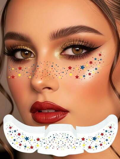 6 Sheets Glitter Freckles 4th Of July Face Tattoo Waterproof Star Patriotic America Flag Tattoo Stickers Rainbow Freckles For Women Independence Day Festival Party Gifts Summer Prom Rave Accessories