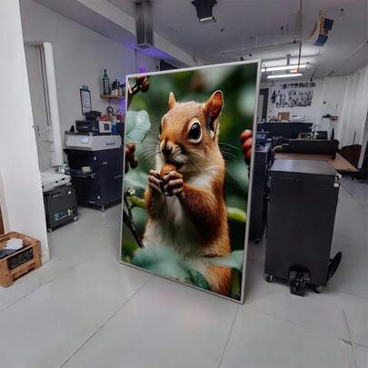 2D Flat Framed Cute Squirrel Holding Nut In Green Leaves Wall Art | Wildlife Animal Canvas Poster For Bedroom, Living Room, Bathroom, Home Office, Dining Room - Classic Art Deco Style, Oil On Canvas, Hook Type Frame