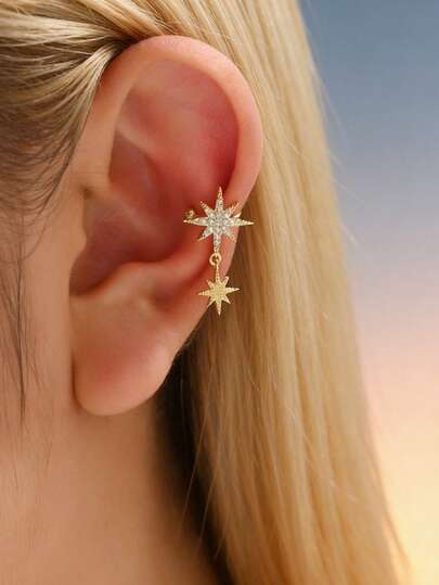 1 pieza Pendientes de clip con estrella brillante para mujeres sin perforación, pendientes tipo punk rock para chicas, ideal para uso diario, fiesta y regalo de joyería