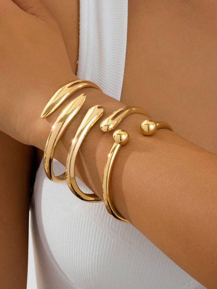 Bộ 3 vòng tay kiểu dáng tối giản, sang trọng, tông vàng, thiết kế bất đối xứng, lượn sóng, dày dặn, thích hợp cho nữ, phong cách nghỉ mát mùa hè, phong cách châu Âu và Mỹ, làm từ kim loại nguyên khối và hợp kim kẽm. - Vàng - Xem 1