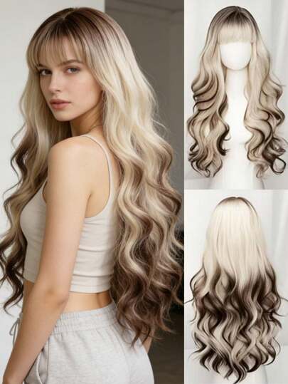 Tóc giả dài 30 inch chất lượng cao, kiểu gợn sóng xoăn - Tóc giả ombre vàng sang trọng có mái, sợi tổng hợp chịu nhiệt, phù hợp cho lễ hội âm nhạc, tiệc tùng, cosplay và sử dụng hàng ngày.