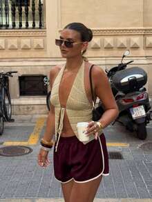 New Women's Y2K Baddie Style Brown Lace-Up Camisole Top, Sexy Backless Vest, Deep V-Neck Hollow Design, Suitable For Beach Vacation, Beach Party, Country Music Festival, Music Festival, Graduation Ceremony, Outing, Date - Brown - View 6