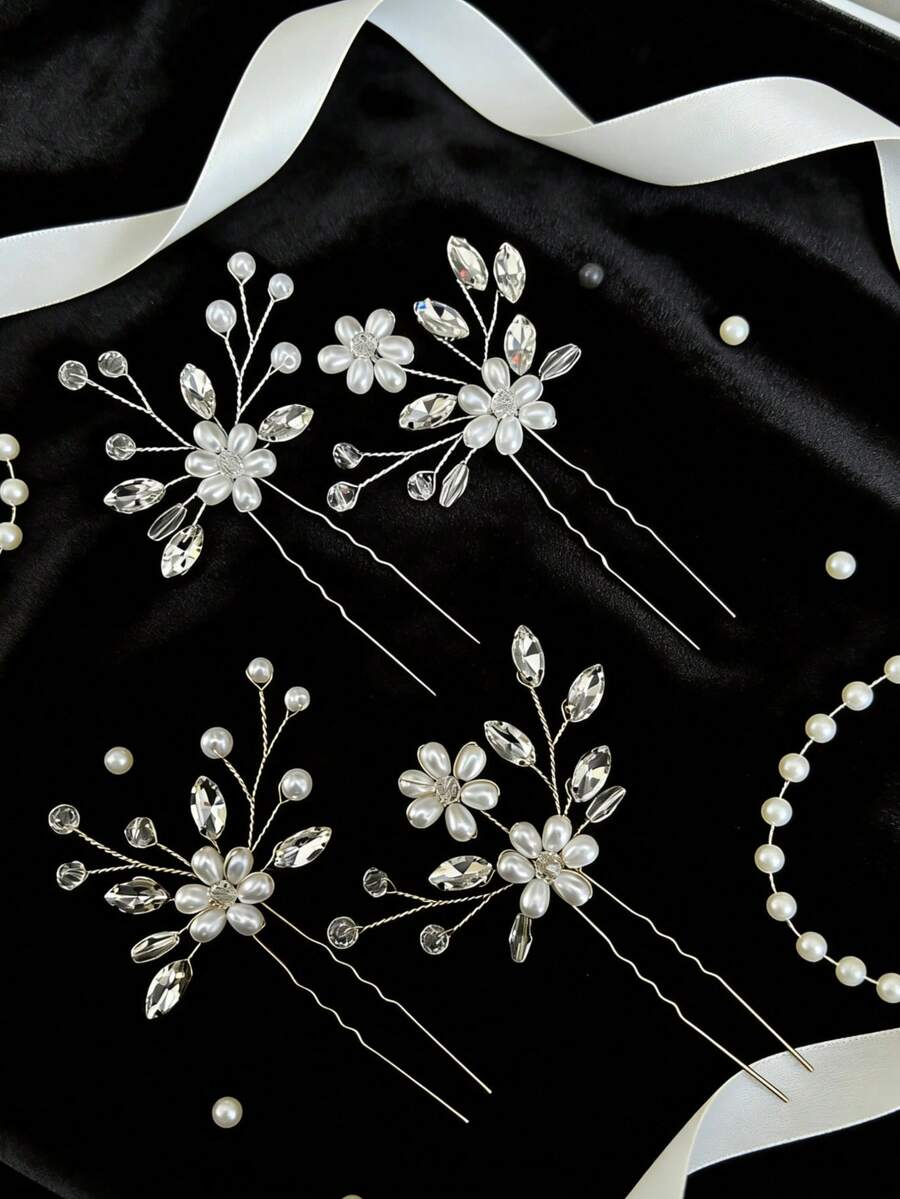 2件装新娘发饰，包括花朵造型发夹、珍珠水晶发夹，色调优雅