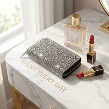 Shiny Silver Crystal Small Wallet With Secure Zip - Black - View 6