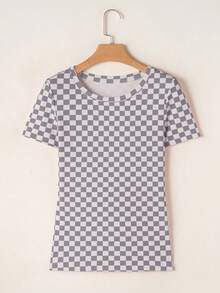 Acelitt Camiseta de manga corta de ajuste ceñido con cuello redondo, estampado de ajedrez en bloques de color, de color gris claro, adecuada para salidas casuales - Gris Claro - Ver 3