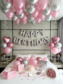 18/65/70件組女性粉色生日裝飾套裝 - 生日快樂橫幅 + 心形鋁箔氣球 + 粉色與白色珍珠加厚乳膠氣球，適合女性公主主題生日派對、蝴蝶結主題派對用品、拍照道具、派對必需品 - 款式四 - 查看 2