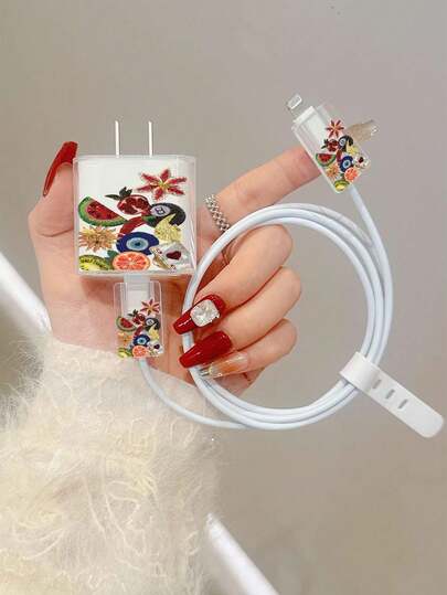 Watermelon, Fish, Sun Element Pattern Transparent 20W Charger Protective Case, Suitable For 13/14/15 European Standard 20W Charger, Including Transparent Protective Shell, Cable Protector And EU Plug Protector