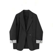 Elegant Casual & Formal Lace Cuff Blazer For Women, Oversized Double-Breasted Versatile Top, Suitable For Holiday Spring Black Fall - Black - View 9