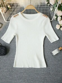 Elegant Women's Metal Buckle Shoulder Short Sleeve Knit Top, Summer Fitted Design Top - White - View 6
