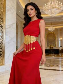 波西米亚风金色几何镂空硬币流苏时尚腰带，适合户外、婚礼、派对等场合佩戴，也是送给朋友和女友的礼物，夏季海滩必备。 - 金色 - 查看 2