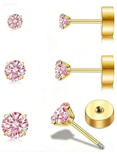 3 đôi khuyên tai mạ vàng 18K, khuyên tai đính đá Cubic Zirconia vuông 3/4/5mm, trang sức xỏ sụn tai dành cho nữ.