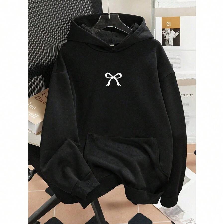 Moletom Com Capuz e Bolso Reforçado Laço Minimalista Blusa Canguru Masculino Feminino - Preto - Visão 1