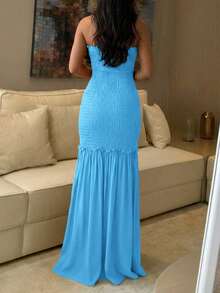 ChicMe Vestido sexy de fiesta, vacaciones, con cintura con cordón, fruncido, bajo de sirena, fruncido, sin tirantes, para mujer - Azul menta - Ver 3
