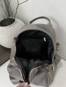 1 pieza Mochila grande de mujer de tela Oxford color negro sólido, versátil para uso diario y casual - Gris - Ver 6