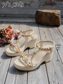 米色坡跟凉鞋，女士夏季厚底搭扣凉鞋，镂空手工串珠编织凉鞋，轻便时尚，罗马风度假凉鞋，增高鞋，度假鞋，波西米亚风厚底鞋 - 米色 - 查看 6