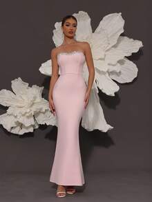 Handmade Rhinestone Embellished Bandage Strapless Mermaid Knit Dress, Luxury Sexy Fashion Fitted Dress For Family Gatherings, Parties, Banquets, Formal Occasions Party Wedding Spring - Baby Pink - View 6