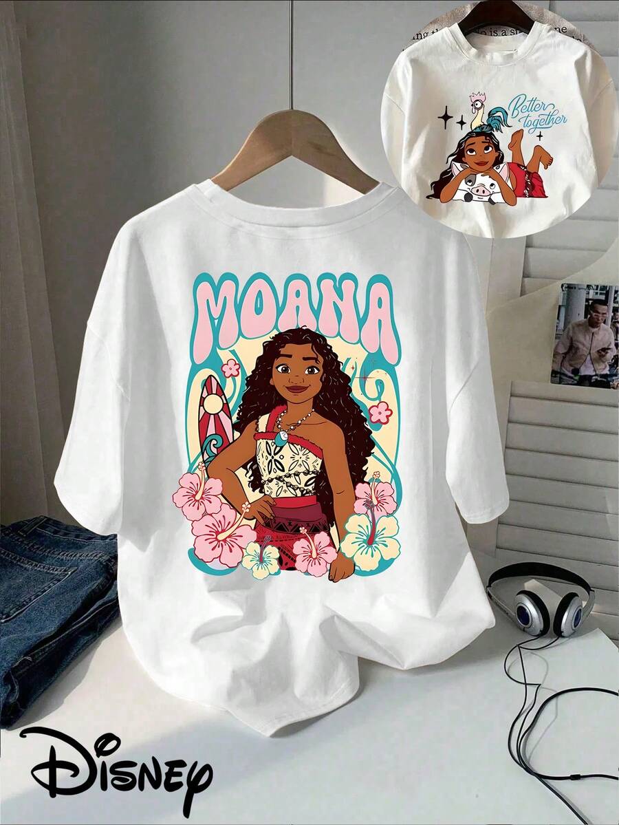 (Authorized By Disney) Two-Sided Ocean Romance MOANA, Tropical Flower Printed T-Shirt, Di Moana Retro Font, Moana Surfboard Pattern, The Fabric Is Soft, Comfortable And Breathable, Suitable For Daily Wear, Shopping, Traveling, Gathering And Home Use. It Is Also Suitable As A Beautiful Gift. Every Woman Should Have One. - 白色 - 查看 1
