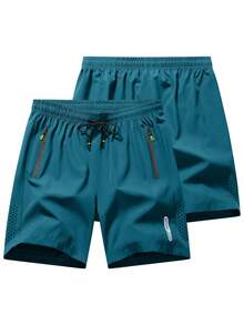 3-Pack Of Men's Stylish Athletic Shorts With Black Drawstring Design And Zippered Pockets, Perfect For Summer Workouts And Outdoor Activities - 藍色+藏青色+黑色 - 查看 3