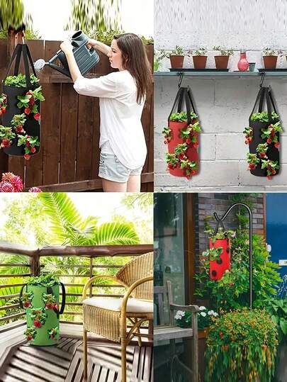 Túi trồng dâu tây treo - Túi trồng dâu tây 3 tầng bằng nhựa PE kiểu dáng hiện đại với 8 lỗ thoát nước, thích hợp trồng dâu tây, cà chua, ớt - Phụ kiện chậu trồng cây trong vườn