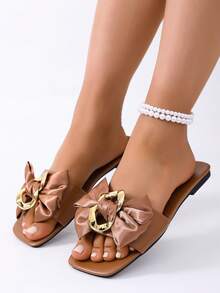 2026 New Women's Flat Bowknot Sandals, Summer Open Toe Outdoor Fashion Slippers, Vacation Style Versatile Slippers - Brown - View 3