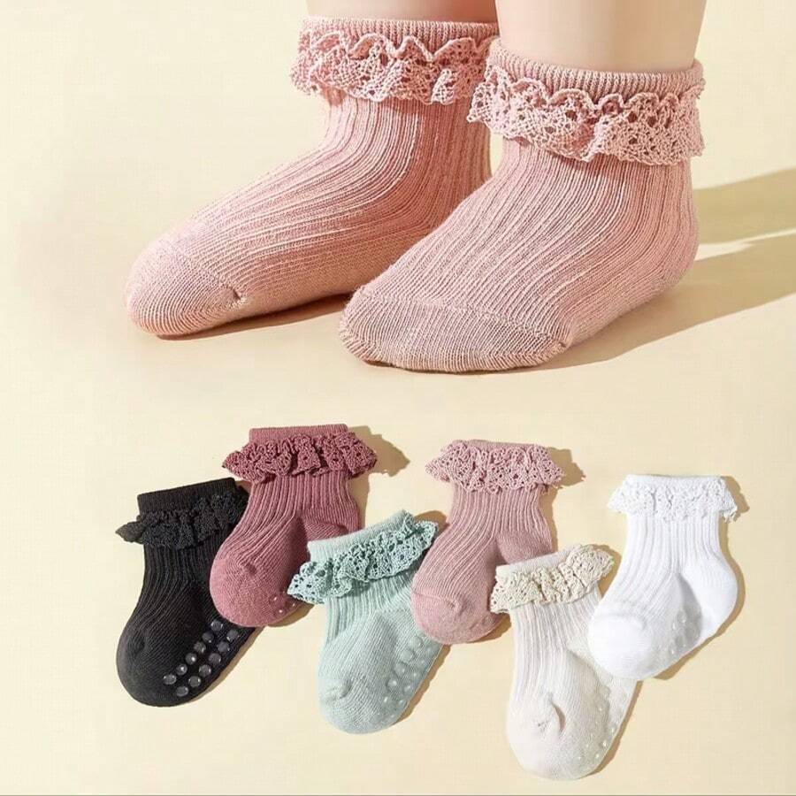 6 Pairs Baby Girls' Lace Trim Colorful Striped Mid-Calf Princess Socks, Spring/Summer/Autumn - Multicolor - View 1