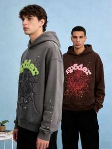 [2-Piece Set]Men's Hooded Sweatshirt, Spider Web Pattern, Harajuku Retro Letter Print, Colorful Stars, Street Punk Style, Casual Fitted, Fall & Winter,  Couple Graphic Hoodie,Outdoor Sports, Comfortable Home, - 棕+灰 - 查看 3